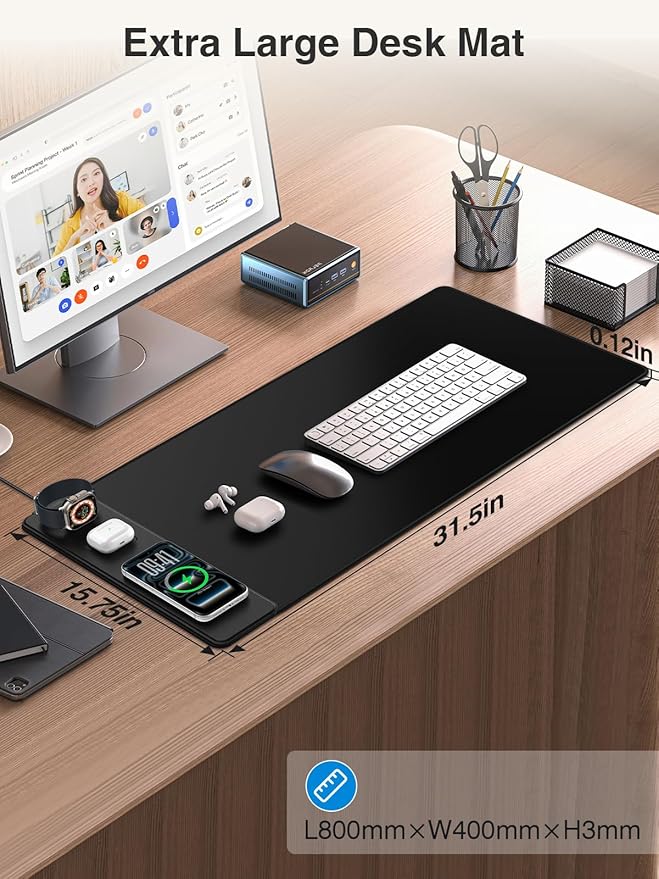 4-in-1 Mouse Pad with Magnetic Wireless Charging, 31.5"x15.8" Large Desk Mat for Laptop/Keyboard, Waterproof Smooth Surface, Non-Slip Base, with Adapter