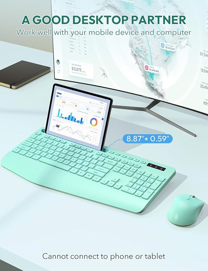 SABLUTE Wireless Keyboard and Mouse, Wrist Rest, Phone Holder, 2.4G Lag-Free Ergonomic Keyboards Mouse Combo, KM23D Silent Keyboards Set for PC, Laptop, Windows, Mint Green