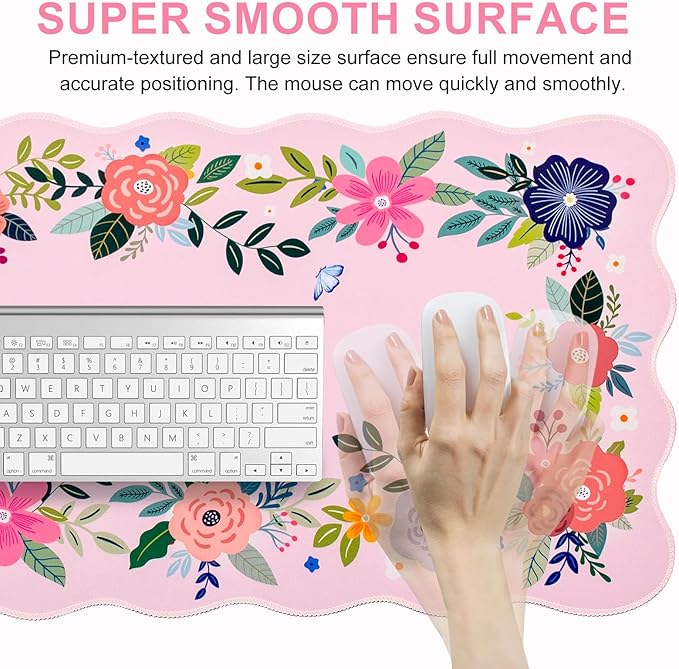 L-SPOUTTO Pink Mouse Pad,Floral Desk Mat XXL Large Scalloped Gaming Mousepad,35.4x15.7in Non-Slip Rubber Base Keyboard Pad Waterproof Girly Desktop Mat for Laptop Computer Game Home Office-Pink Floral