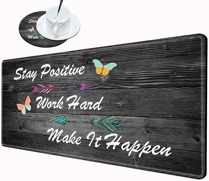 Gaming Mouse Pad Large Mousepad Inspirational Desk Mat Stay Positive Work Hard and Make It Happen Desk Pad 31.5x15.75 Rubber Base Computer Pad with Stitched Edges for Work Game Home Office