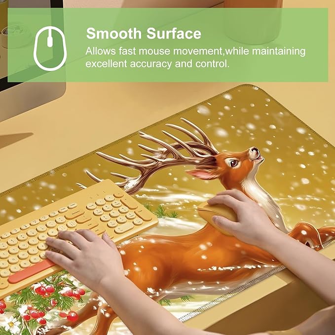 Desk Mat, XXL Extended Gaming Pad for Desktop, 31x12 Inches Winter Reindeer Running in Snow, Large Non-Slip Vegan Leather Surface with Stitched Edges, Keyboard Mouse Mat for Home Office
