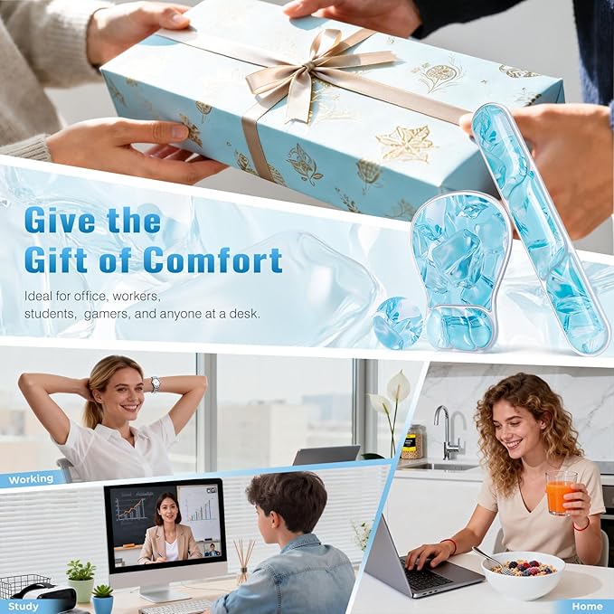 Ospelelf Mouse Pad with Wrist Rest Set Gel Ergonomic Keyboard Wrist Support Anti-Slip Rubber Bottom Office Women Desk Accessories for Computer, Laptop and Gaming, Ice Blue