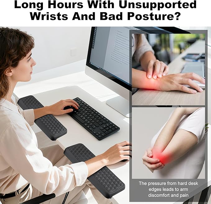 L-Shaped Arm Rest for Desk(2-Piece) Made of Memory Foam,Footrest for Under Desk at Work.Ideal for Office and Home Use.Reduces Typing Fatigue and Enhances Comfort During Work Or Gaming（ Black）