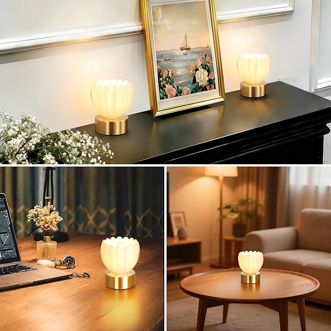 Cordless Small Table Lamp with 5200mAh Battery & Touch Control, Battery Operated Tulip Table Lamp with 3 Colors, Rechargeable Mini Table Lamps for Bedsides, Bedroom, Nightstand (White)