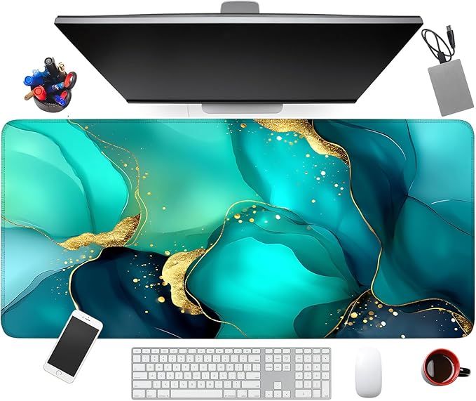 Large Mouse Pad & Keyboard Mat 35x16 Inches, Luxury Blue and Gold Gradient Fluid Art Non-Slip Rubber Base Desk Mat, Large Extended Desk Protector for Home Office Gaming Setup