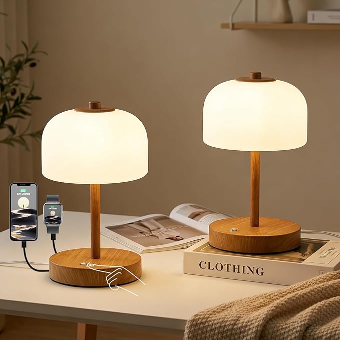 Oneach 9" Touch Control Table Lamp Set of 2, Wood Grain Dimmable LED Bedside Lamp with 3 Color Temperatures, USB A+C, Small Modern Table Lamps for Bedroom Nightstand Living Room