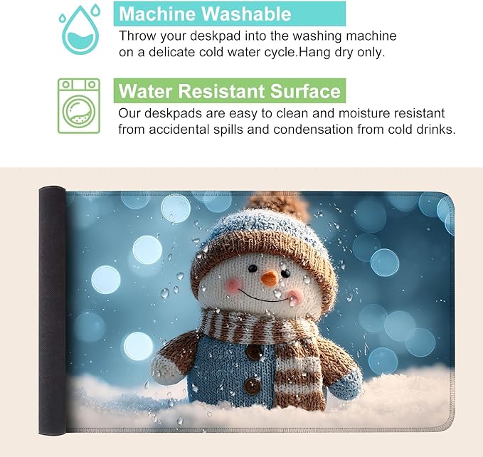Desk Mat, XXL Extended Gaming Pad for Desktop, 35x16 Inches Scarf and Hat Snowman, Large Non-Slip Vegan Leather Surface with Stitched Edges, Keyboard Mouse Mat for Home Office