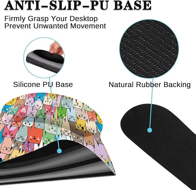 Arttown Cute Colorful Cats Desk Mat Animal Mouse Pad Set 4 in 1 Kawaii Ergonomic Design Large Desk Pad + Keyboard Wrist Rest + Mouse Wrist Rest + Coaster Suitable for Home Office Study Game