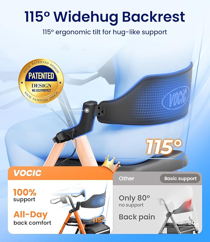 VOCIC Walkers for Seniors, Z21 Rollator Walker with Seat Supports 350lb, 8" Big Wheels for All Terrain, Ergonomic Arc Seat & 6" Ultra Backrest Foldable Walker, Dual Height Adjustment, Lightweight 2026