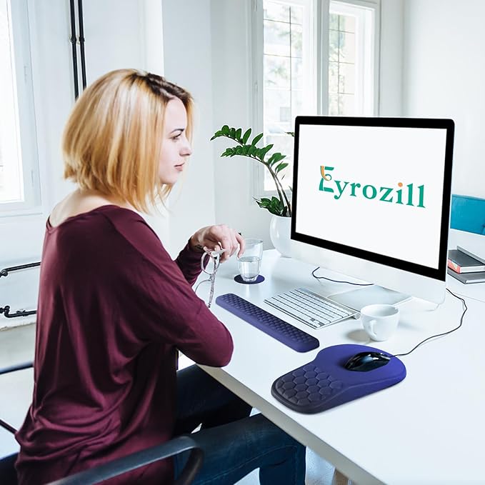 EYROZILL 3 in 1 Ergonomic Mousepad with Wrist Rest, Gaming Keyboard Mouse Pad with Wrist Support Non-Slip Base Massage Design (Blue/Black)