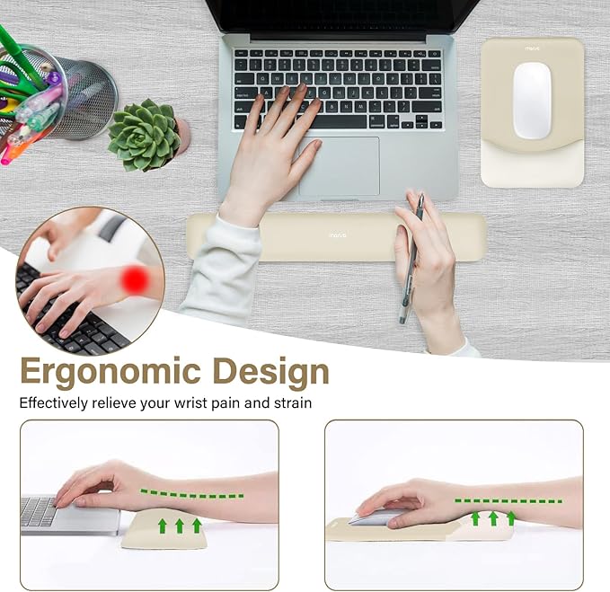 MOSISO Wrist Rest Support for Mouse Pad&Keyboard Set, Rectangular Ergonomic Mousepad Non-Slip Base Home/Office Easy Typing Pad with Neoprene Cloth&Raised Silicone Lining, Khaki