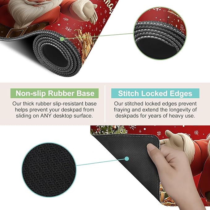 Desk Mat, XXL Extended Gaming Pad for Desktop, 31x12 Inches Jolly Santa with Tree, Large Non-Slip Vegan Leather Surface with Stitched Edges, Keyboard Mouse Mat for Home Office