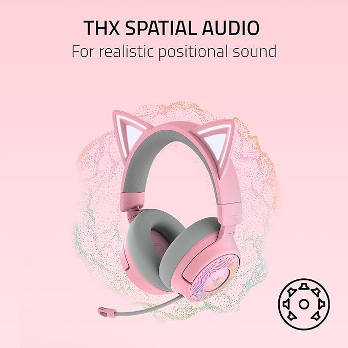 Razer Kraken Kitty V3 Pro Wireless RGB Gaming Headset: Chroma RGB Kitty Ears - 2.4 GHz, Bluetooth 5.3, USB A - Super Wideband Mic - 40mm Drivers - THX Spatial Audio - Comfortable Ear Cushions - Pink