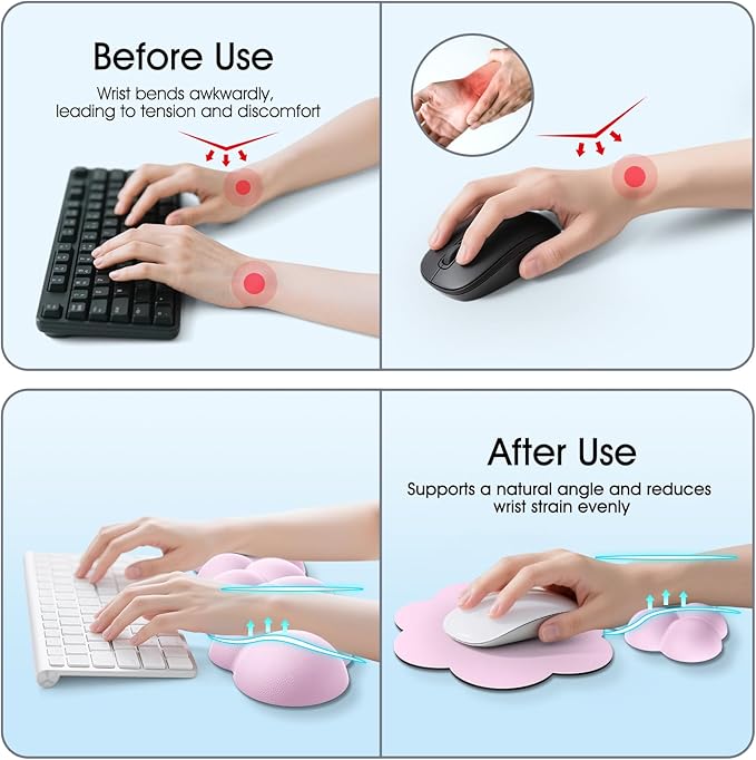 Cloud Wrist Rest Keyboard Cushion, 4-in-1 Ergonomic Cloud Keyboard Wrist Rest and Mouse Pad Set with Memory Foam Arm Support for Palm, Cute Desk Accessory for PC Gaming Setup, Pink
