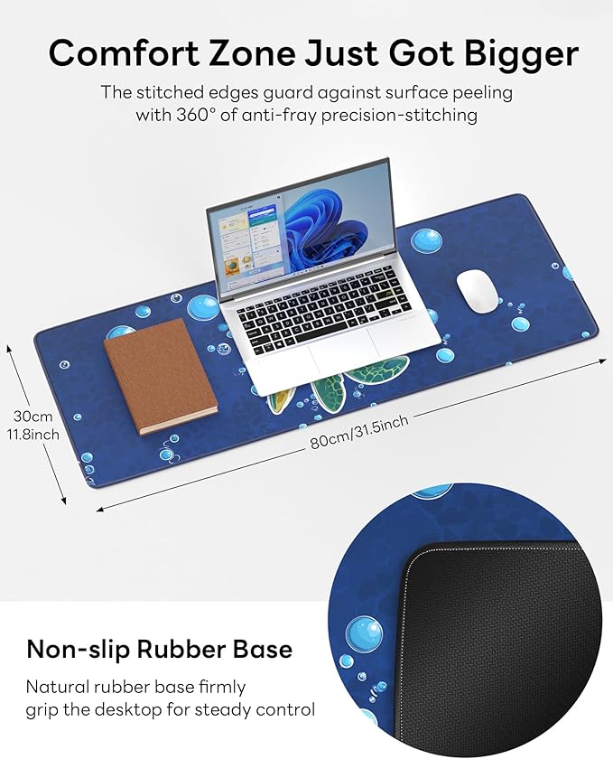 Turtle Mouse Pad, 31.5 x 11.8 Large Desk Mat with Stitched Edges & Non-Slip Base, Mousepad for Office, Home, Work, Cute Turtle