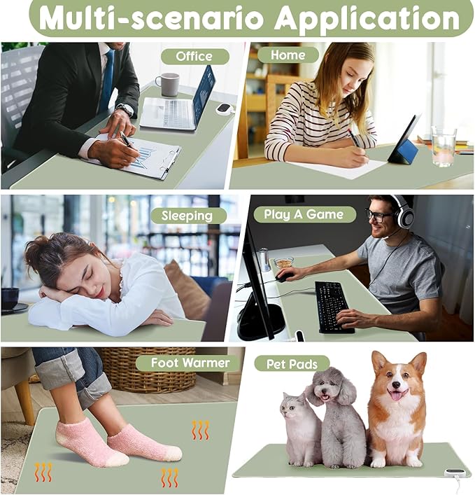 Konohan Heated Desk Pad Warm Mouse Pad, 5 Heating Level & 4 Hour Auto Shut-Off, PU Leather Warm Mouse Mat Heating Keyboard Gaming Mice Warmer Mat Only Supports 110v(Gray-Green Color,35.4"x 14.2")