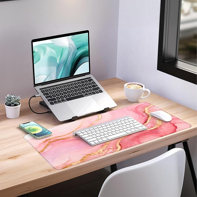 Pink Marble Extended Gaming Mouse Pad 35.4x15.7Inch Large Desk Mat Anti-Slip Rubber Base & Durable Stitched Edges for Gamers Smooth Mouse Writing Surface for Desk Office/Home