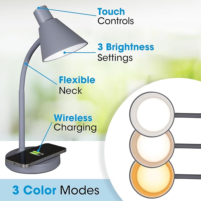 OttLite Twist LED Desk Lamp with Wireless Charging Pad, 3 Color Temperatures, Flexible Neck, Book Light, Table Lamp, Reading Light, Work, Desk Lamps for Home Office or Bedside