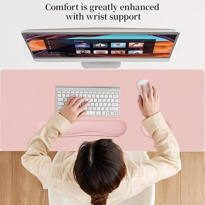 Desk Pad Mat Set,3-in-1 Large Mouse Pads with Wrist Rest and Keyboard Pad, Pink Desk Mats for Keyboards and Mouses, Ergonomic Keyboard and Mouse Mat Set for Office Home Decor, 35.4" x 16.9"