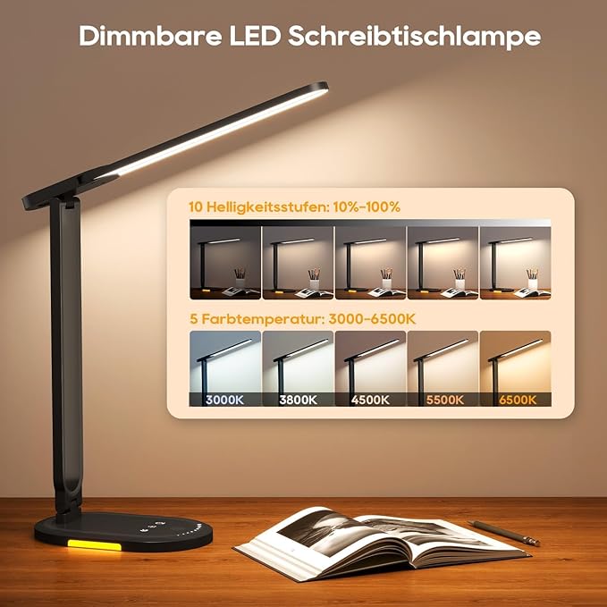 LED Desk Lamp with Dimmable Light, 5 Color Temperatures 3000K-6500K, 10 Brightness Levels, Modern Task Light for Home Office, 2 Pack