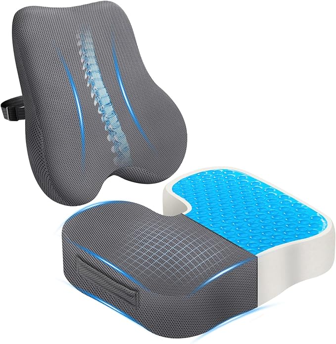 Gel Seat Cushion & Lumbar Support Pillow Set, Cooling Memory Foam for Coccyx & Lumbar Ergonomic Support, Ergonomic Desk Chair Cushion with Breathable Mesh Cover for Car, Home, Wheelchair (Grey)