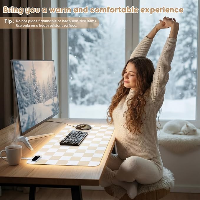 Konohan Heated Large Desk Mat PU Leather Cute Warm Mouse Pad with 5 Heating Level & 4 Hour Auto Shut-off Heating Keyboard Pad Warmer Gaming Mice Mat Only Supports 110v(beige checkerboard, 31.5" X 13")