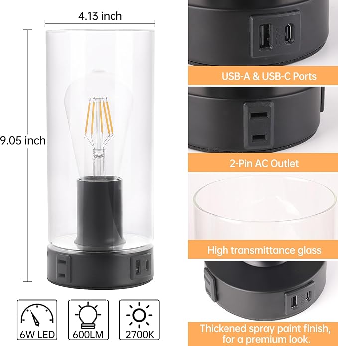 Bedside Table lamp for Bedroom -Touch Lamp with USB-A+C Charging Ports & AC Outlet. Nightstand Lamp with Black Base Glass. Stepless Dimming Small Lamp for Bedroom, Dorm, Office, Kids Room, Living Room