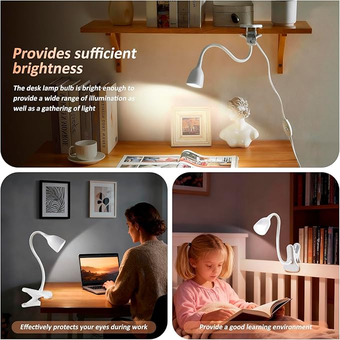 Desk Lamp for Home Office - Clip on Reading Light and Bed Headboard Clamp Lamp, Bedside Gooseneck Table Lamp, Clip on Desk Lamps, Eye-Caring Desk Lamp for College Dorm Room Study Lamp, White