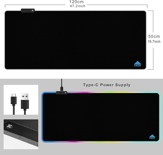 Cacoy 48" x 20" RGB Gaming Mouse Pad XXL, Large LED Mouse Mat with 9 Lights Modes, Lighting Up Desk Mat for Keyboard and Mouse, Extended Desk Pad Protector, Non-Slip Base Mousepad Accessories, Black