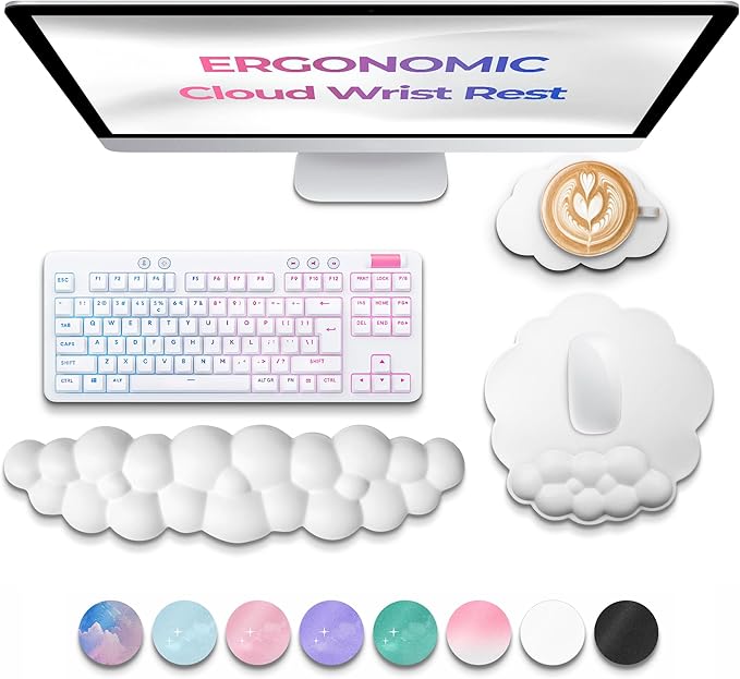 Premium Quality Cloud Wrist Rest Keyboard & Mouse Pad Set – Ergonomic Memory Foam Desk Accessories with Wrist Support for Office & Gaming – White Lether