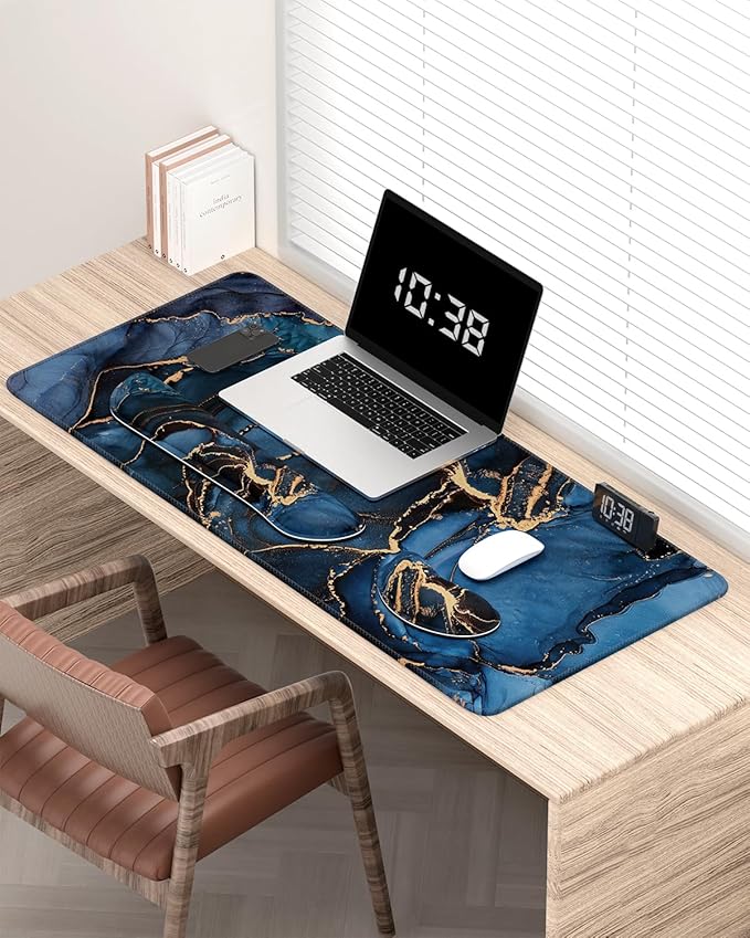 Auhoahsil Large Mouse Pad with Wrist Rests for Keyboard & Mouse, Thick Soft Ergonomic Memory Foam Wrist Supports, Big & Long Desk Mat 35.5 x 15.7 in, for Office Gaming Computer, Dark Blue Marble