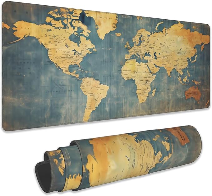 Gaming Mouse Pad, Grunge Vintage World Map Extended Mouse Pad Gaming Large, Big Desk Mat with Non-Slip Base and Stitched Edge, Long Computer Keyboard Mouse Mat for Home Office Work 31.5"x15.7"