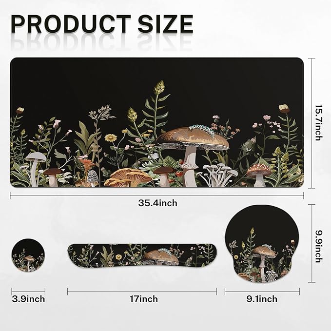 Britimes Black Mushroom Floral Keyboard Mouse Pad Set Plant Flower 4in1 Large Mousepad+Keyboard Wrist Rest+Mouse Wrist Rest+Coaster Ergonomic Design for Home Office Computer 35.4x15.7 inches