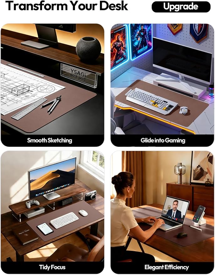 YSAGi Leather Desk Protector, Office Mat, Large Mouse Mat, Non-Slip PU Leather Blotter, Laptop Desk, Waterproof Writing Pad for Office and Home (Chocolate, 47" x 17")