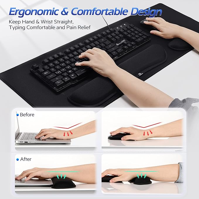 Gimars 4 in 1 Mouse Pad and Keyboard Wrist Rest Set, Large Mouse Pad with Memory Foam Wrist Support Pad for Desk with Coaster, Easy Typing, Gaming Office Home, 31.5x12 inch, Black