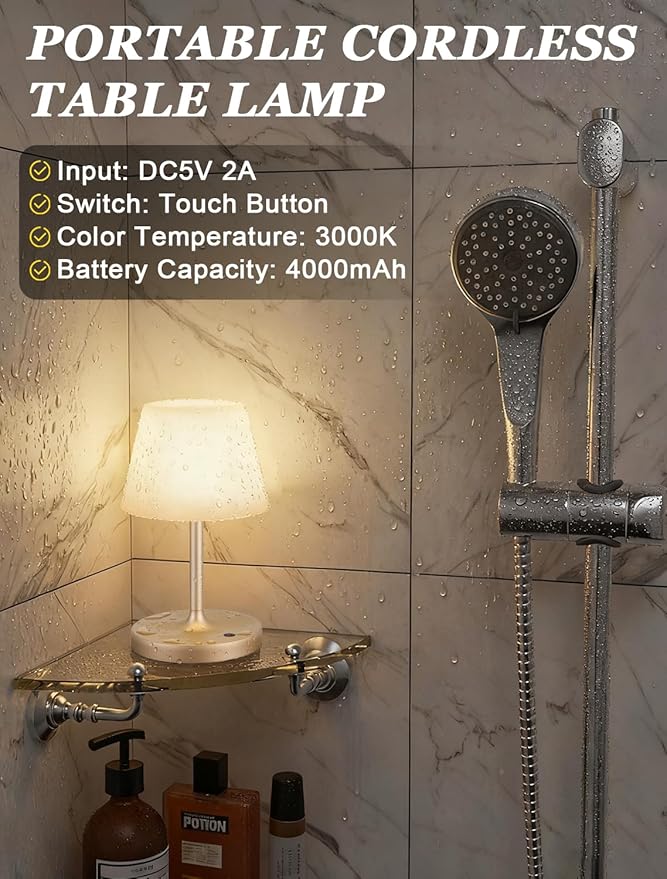 Kakanuo Champagne Gold Shower Lamp Waterproof, Rechargeable Cordless Lamp with 4000mAh Battery, Touch Dimmable Table Lamp for Outdoor, Kitchen, Bathroom, Camping, Patio, IP54