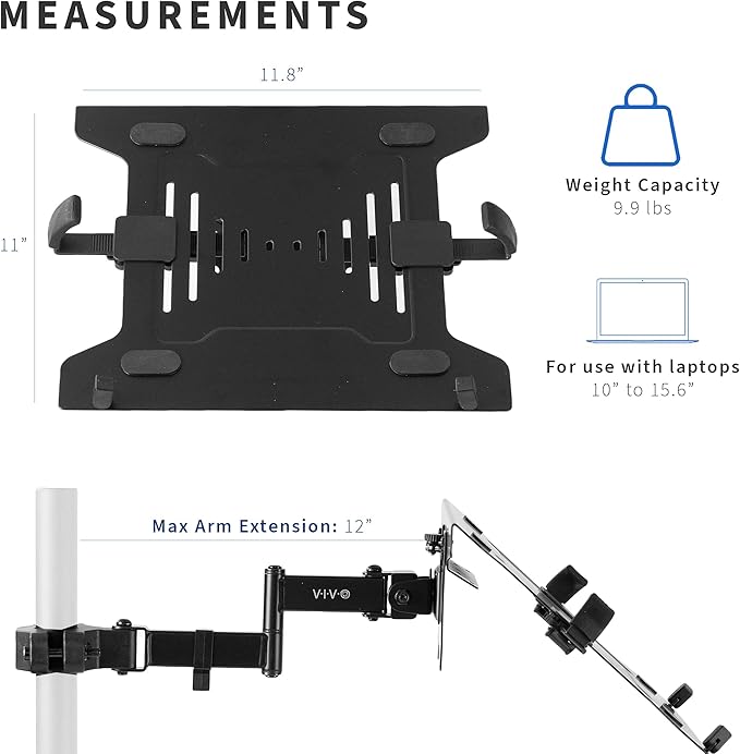 VIVO Steel Universal Full Motion Pole Mount Laptop Holder Arm with Removable 75mm and 100mm VESA Plate, Fits 10 to 15.6 inch Laptops, Black, MOUNT-PL1A-LAP3