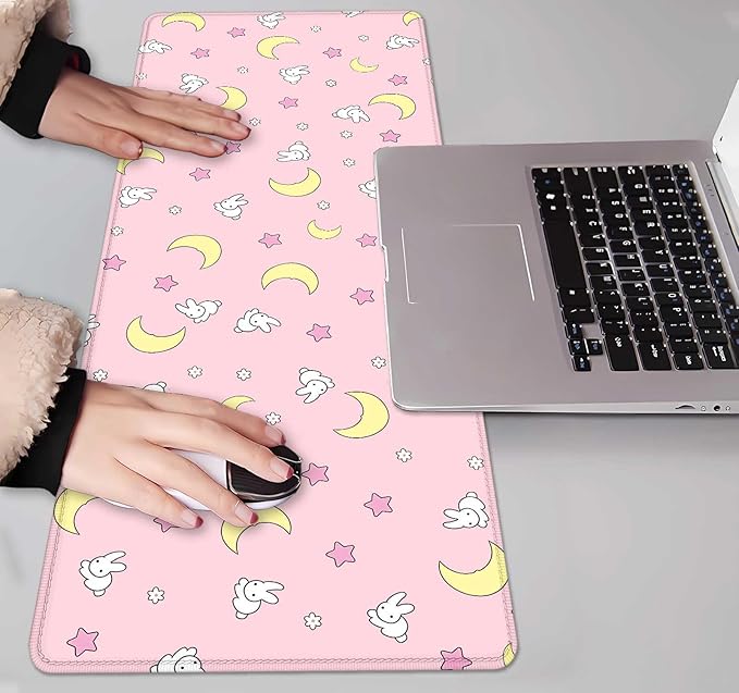 IMAYONDIA Pink Kawaii Desk Pad, Cute Moon Bunny Desk Mat Computer Pad Desktop,Laptop Protector Aesthetic Anime Mousepad Writing Pad for Office Home School,Large Gaming Mouse Pad Tarot Mat,31.5 X 11.8