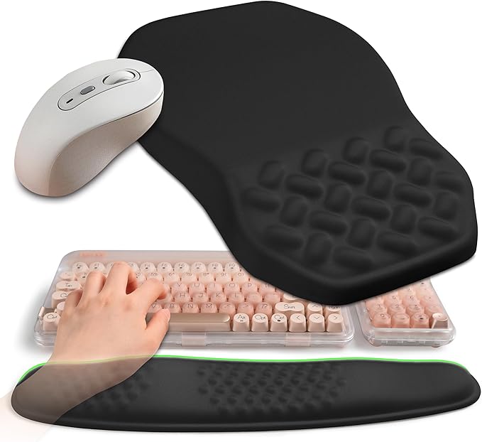 2-in-1 Ergonomic Set, Wave Keyboard Wrist Rest and Massage Slope Mouse Pad Wrist Support, Rebound Memory Foam for Ergonomic Wrist Support (Black)