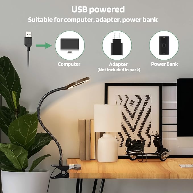 GLORIOUS-LITE LED Clip on Light, 36 LED Eye-Caring Reading Lamp for Dorm Room, 360° Flexible Gooseneck with 4 Color Modes, Dimmable Book Light for Bed, Desk, Headboard, Computer (Black)