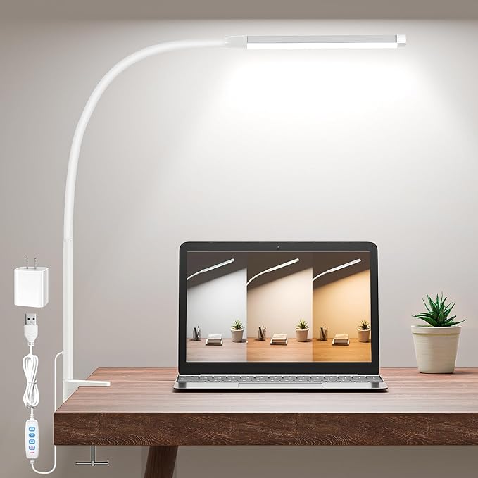 Clamp Lamp for Desk, Eye-Caring LED Clip Light, 27"Tall Flexible Arm, 3 Color Modes 10 Brightness, USB-Powered Task Lamp for Home Office Reading, Nail Desk, Sewing, with 5V/2A adapter (White)