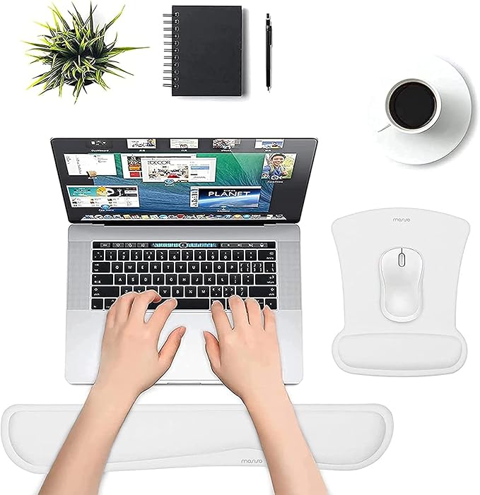 MOSISO Wrist Rest Support for Mouse Pad & Keyboard Set, Ergonomic Mousepad Non-Slip Base Home/Office Easy Typing Cushion with Neoprene Cloth & Raised Memory Foam, White