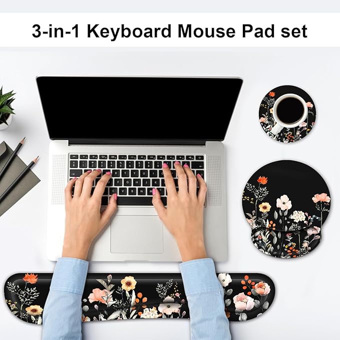 Ergonomic Mouse Pad with Wrist Rest and Keyboard Wrist Rest, Wrist Rest for Computer Keyboard, Easy Typing, Black Mouse Pad with Wrist Support for Gaming,Office, Laptop, Garden Flowers