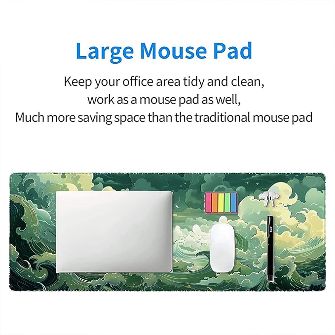 Sea Wave Desk Mat Green Japanese Anime Aesthetics Extended Gaming Mouse Pad Mat with Stitched Edge Non-Slip Base Big Mouse Pad 31.5"x11.8" Office Computer Keyboard Laptop Home