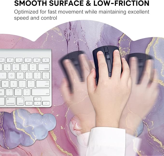 JIKIOU Large Cloud Mouse Pad Waterproof with Cloud Keyboard Wrist Pad and Cloud Mouse Wrist Pad Set, Ergonomic Computer Desk Wrist Support Mousepad for Keyboard and Mouse 35.4x15.7in Marble Pink