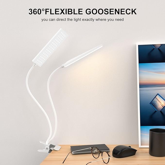 Vansuny Clip on Light LED Desk Lamp with Eye-Caring LED Metal Clip, 11 Level Brightness 3 Color Modes, Power by USB Port 5W Adjustable Neck Reading Light for Home and Office (5W, White)
