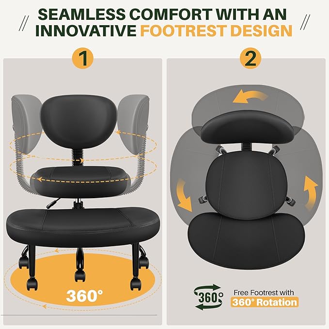 Primy Criss Cross Office Chair - ADHD Cross Legged Chair with Wheels - Adjustable Height Ergonomic Kneeling Desk Chairs for Meditation Yoga Home Office with Backrest, 360°Rotating Footrest - Black