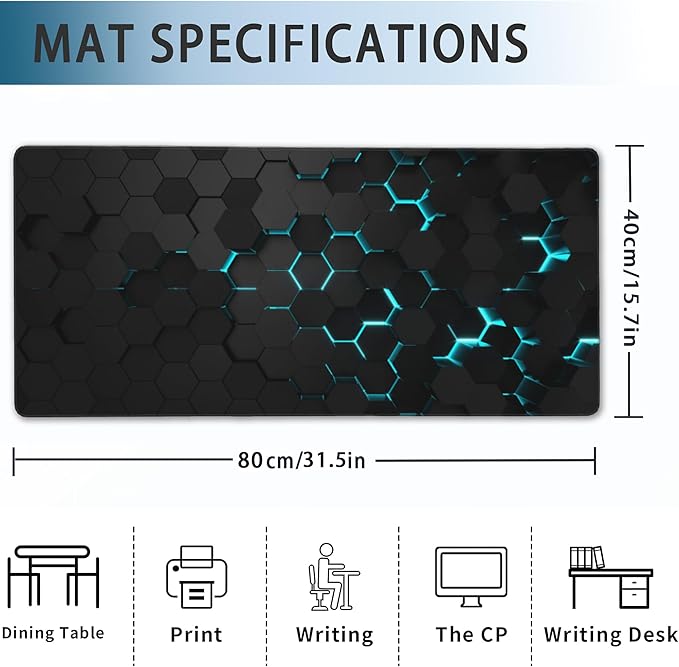 Gaming Mouse Pad, Blue Honeycomb Science Technology Extended Mouse Pad Gaming Large, Big Desk Mat with Non-Slip Base and Stitched Edge,Long Computer Keyboard Mouse Mat for Home Office Work 31.5"x15.7"