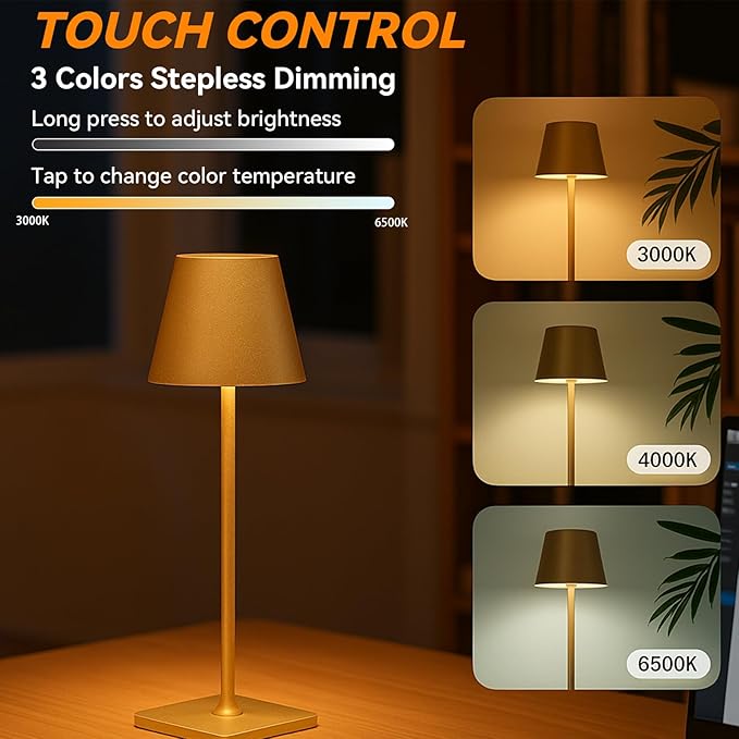 2 Pack Minimalistic Cordless Table Lamps - 2000mAh Rechargeable, Touch Control, 3 Colors Stepless Dimming LED Bottle Lamp Kit for Home & Camping