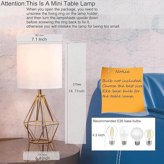 COTULIN Gold Small Table Lamp Set of 2, Modern Bedside Nightstand Lamps with Geometric Metal Base White Fabric Shade, Cute Desk Lamp for Living Room Bedroom